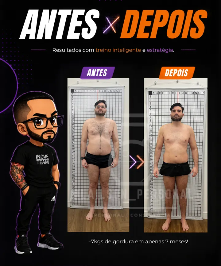 Antes e depois de aluno, menos 7 quilos de gordura em 7 meses