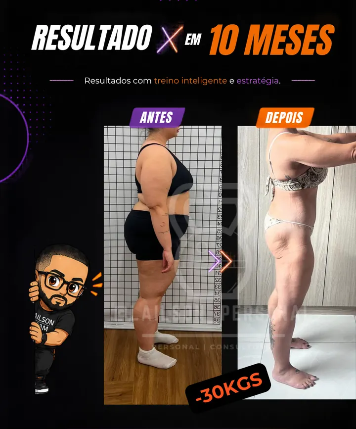 Antes e depois de aluna em 10 meses, menos 30 quilos